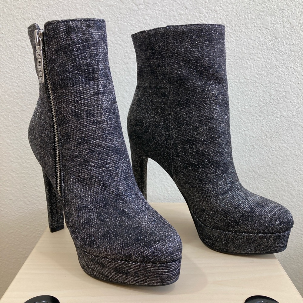 Guess Dejah Glitter Finish Charcoal Grey Platform Booties with Side Zip Size 6 - Picture 2 of 10